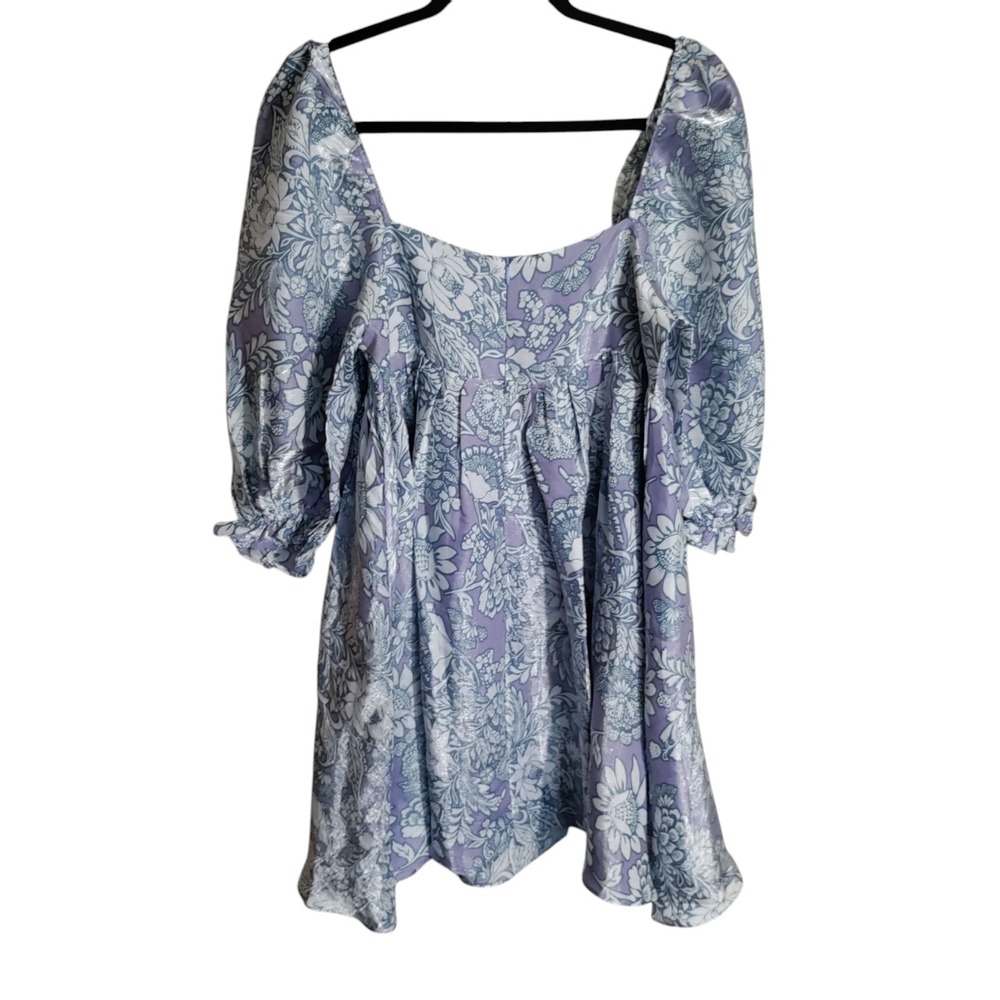 Storia Lavender Floral Metallic Puff Sleeve Mini Dress Babydoll Large